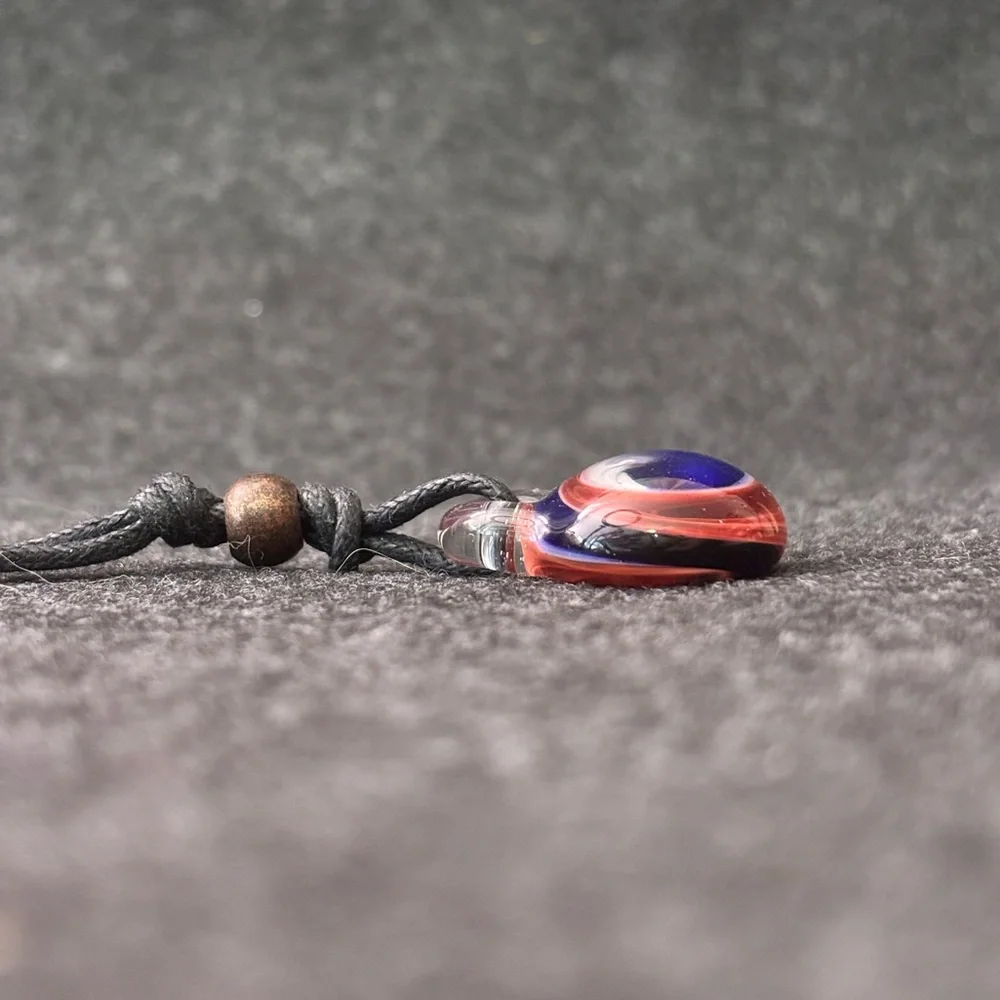 Red, White and Blue Marble Swirl Glass Pendant on Black Cord Keychain